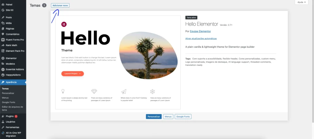 Como Criar um Site e instalar o tema hello do elementor